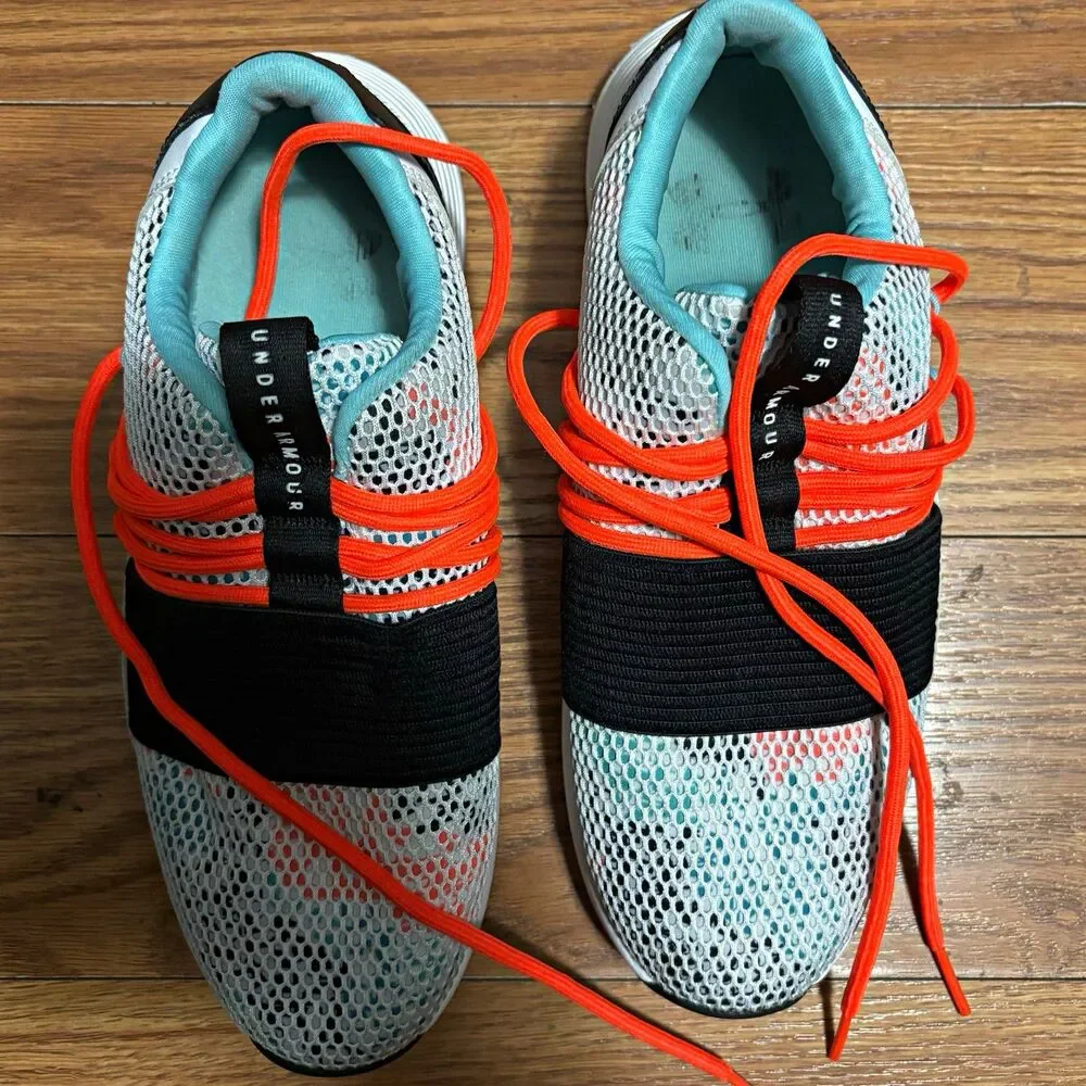 Under Armour Women’s 8.5 Athletic Running Shoes White Black Coral Mesh Sneakers